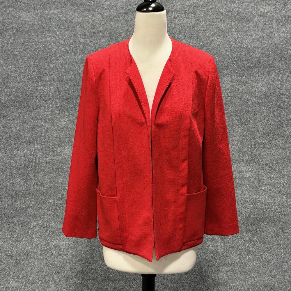 D'Allaird's Jacket Womens 14 Red Crepe Collarless Open Front Pockets Blazer
